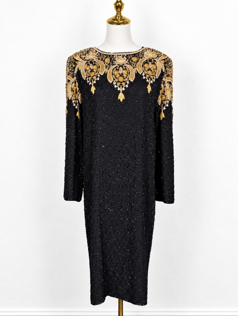 Vintage 80s Carolyne Barton Night Silk Beaded Black Gold Dress L Cocktail Formal